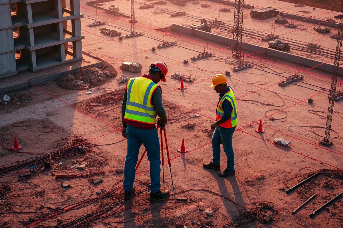 Surveyors marking a building layout with pegs and string lines